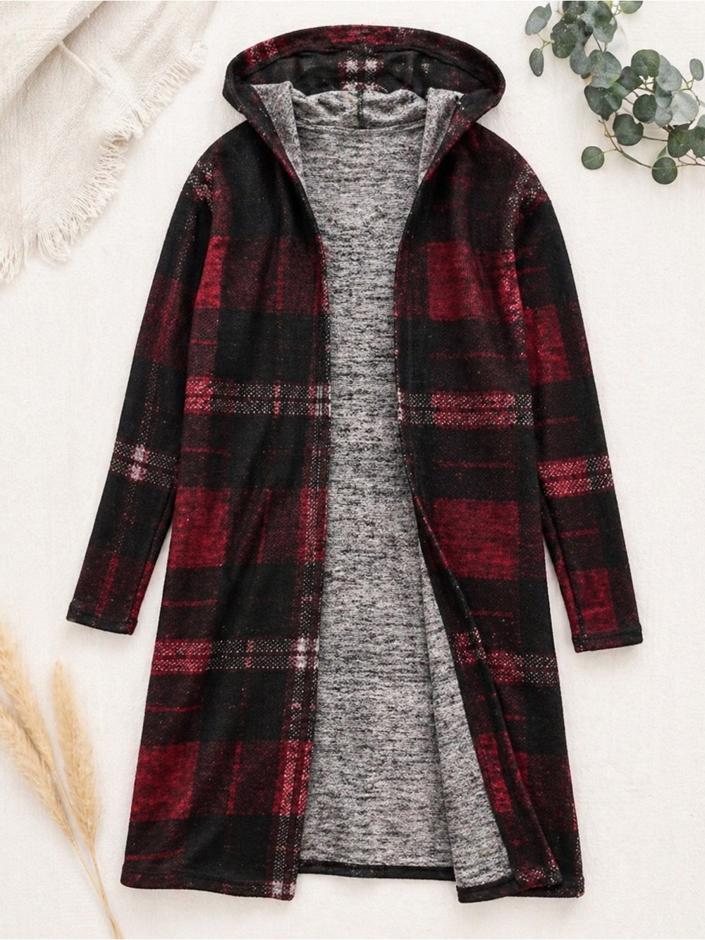 It's Our Time Open-Front Hooded Plaid Cardigan - Maroon /Black